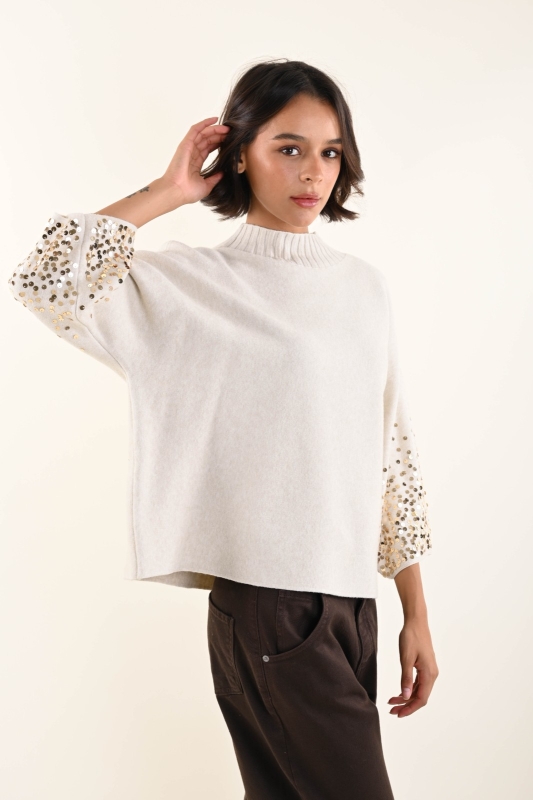 Rundhals-Pullover mit 3/4 Arm und Pailletten